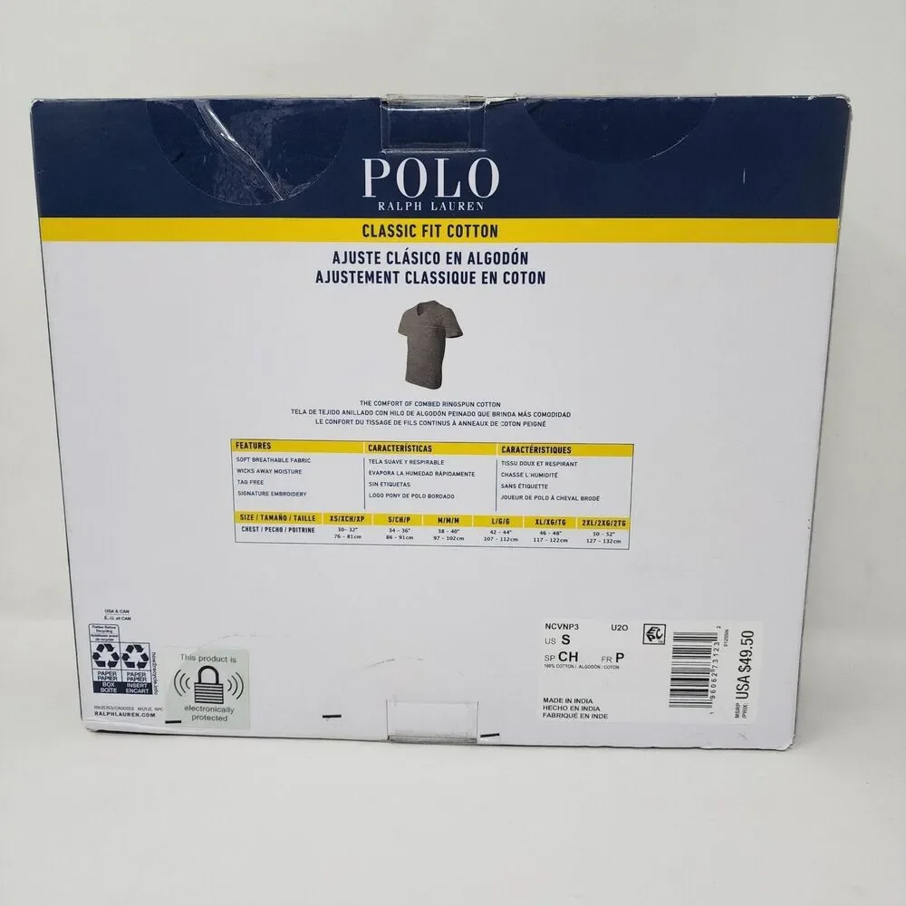 Polo Ralph Lauren Shirt Mens Small Gray Classic Fit Cotton V-Neck 3 Pack Tees